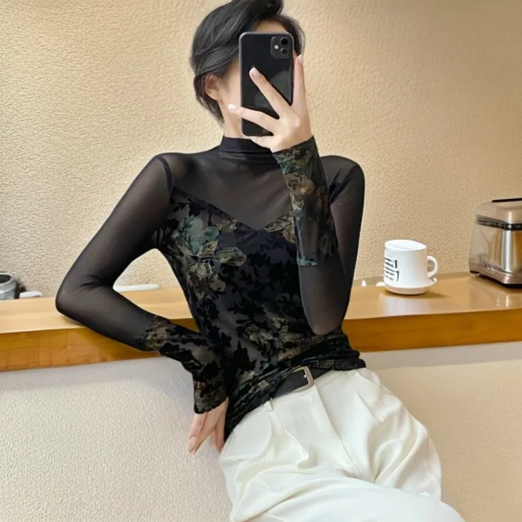 高贵上档次网纱打底衫女爆款2025秋季新款内搭可外穿上衣洋气衣服