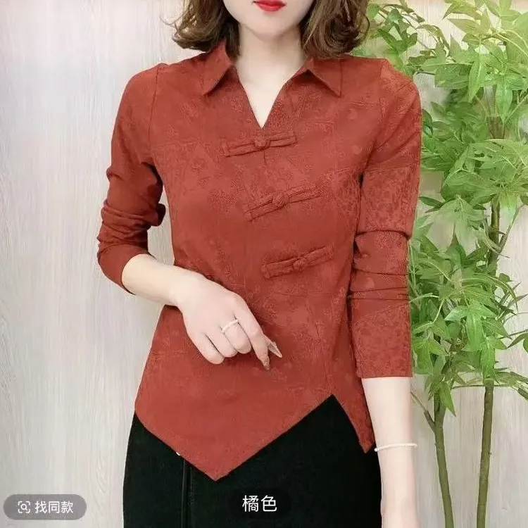 秋冬国风盘扣新款加绒打底衫洋气提花显瘦衬衫长袖外穿自发热上衣