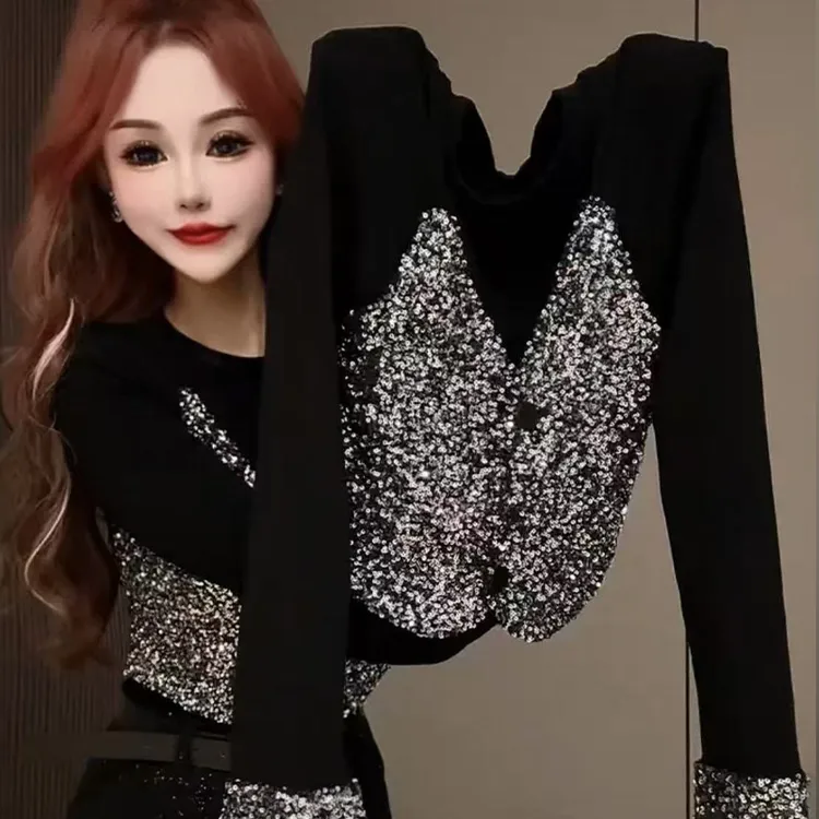 设计感德绒打底衫女假两件拼接亮片黑色显瘦喇叭袖长袖2025上衣