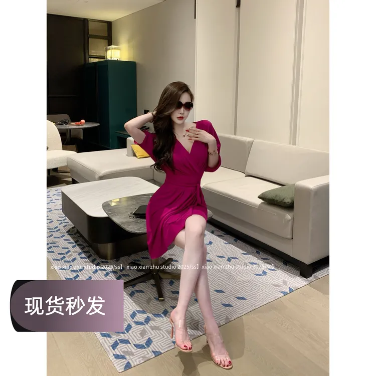 XXZHU【现货】「比佛利女神」夏季中长袖设计感裙V领系带连衣裙ZZ-871