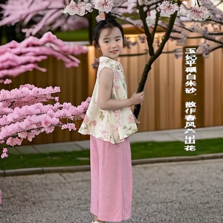 新中式国风女童2025新款薄款时尚洋气套装复古女宝裙裤两件套唐装