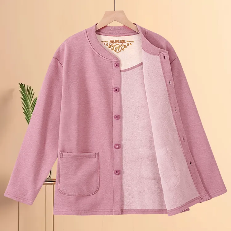 老年人开衫保暖内衣加绒加厚单件上衣妈妈中老年女士前开扣保暖衣