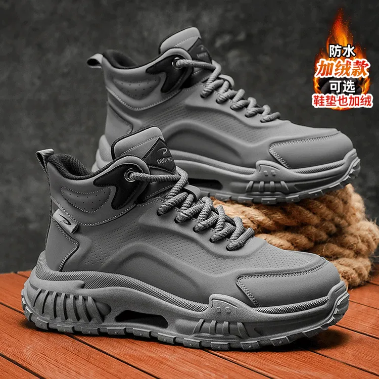 德尔惠男鞋冬季休闲加绒保暖棉鞋防水防滑运动高帮工装登山马丁靴