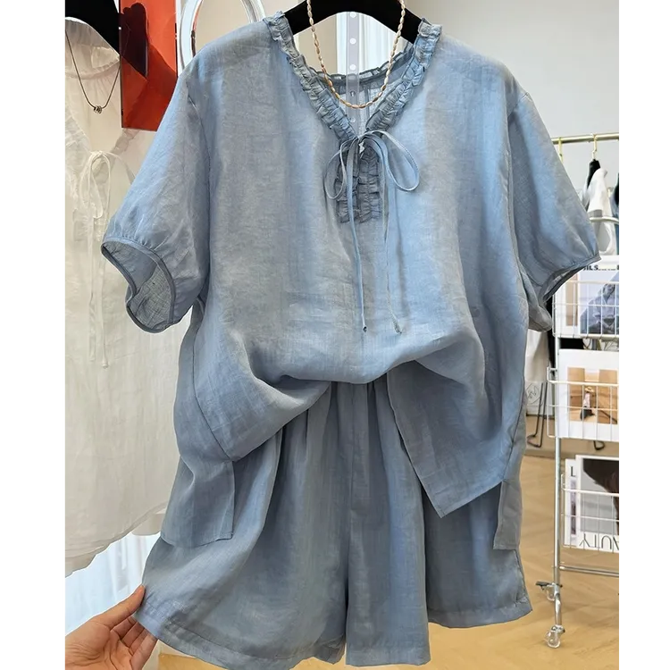 巨好看的夏装一整套韩里韩气两件套清纯系松弛感苎麻套装女夏季薄