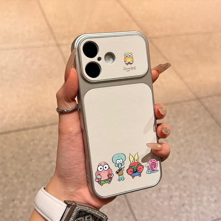 可爱海绵宝宝适用苹果17pro15电镀小羊皮手机壳iPhone16