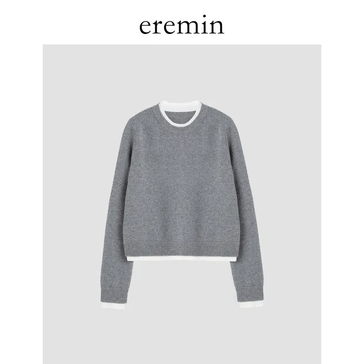 DE ncollection假两件毛衣/层次感撞色休闲圆领全羊毛毛衣59059