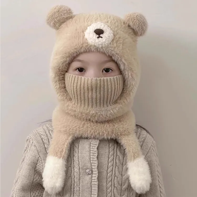 儿童帽子冬季围脖一体毛绒帽男女宝宝防寒两件套护耳防风套头帽潮