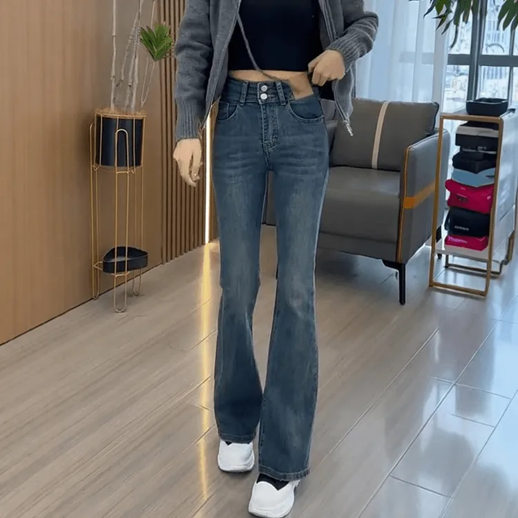 2025秋冬新款大码百搭弹力微喇牛仔裤女韩版高腰加绒加厚马蹄裤子