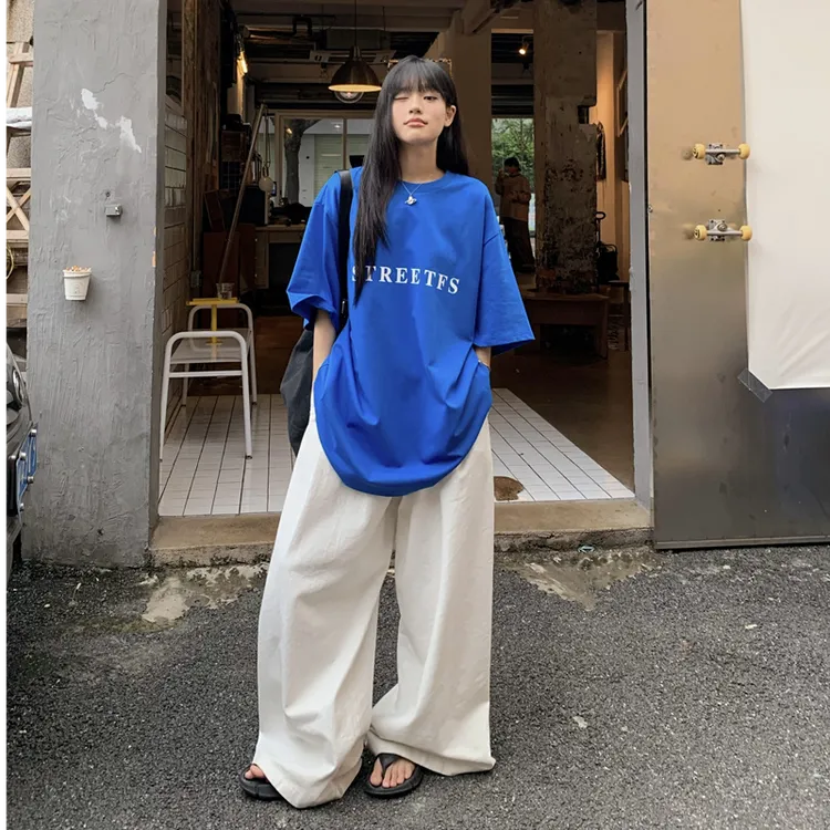 慵懒风套装字母印花oversize短袖T恤女夏季休闲白色阔腿裤两件套