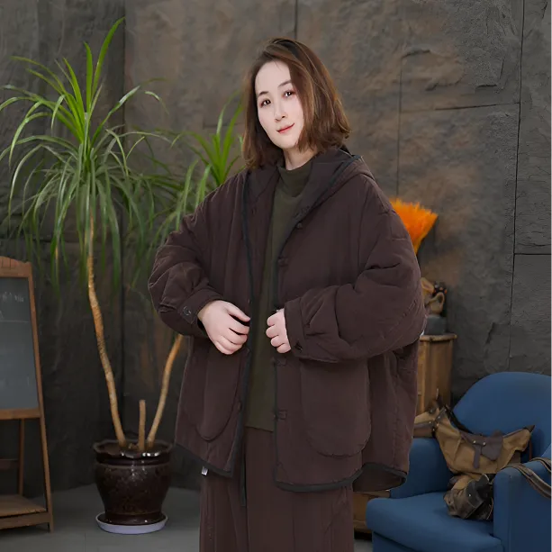 【亚麻连帽棉袄】秋冬拼接女装纯色棉服复古保暖加厚大码休闲外套