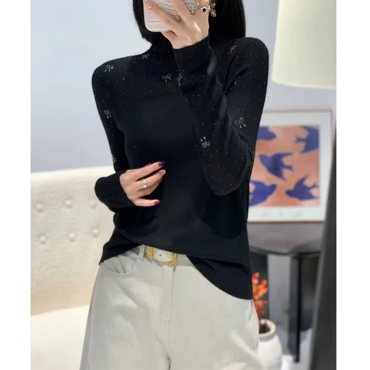 【重工烫钻】新款蝴蝶结设计款半高领纯色休闲时尚长袖打底T恤9266