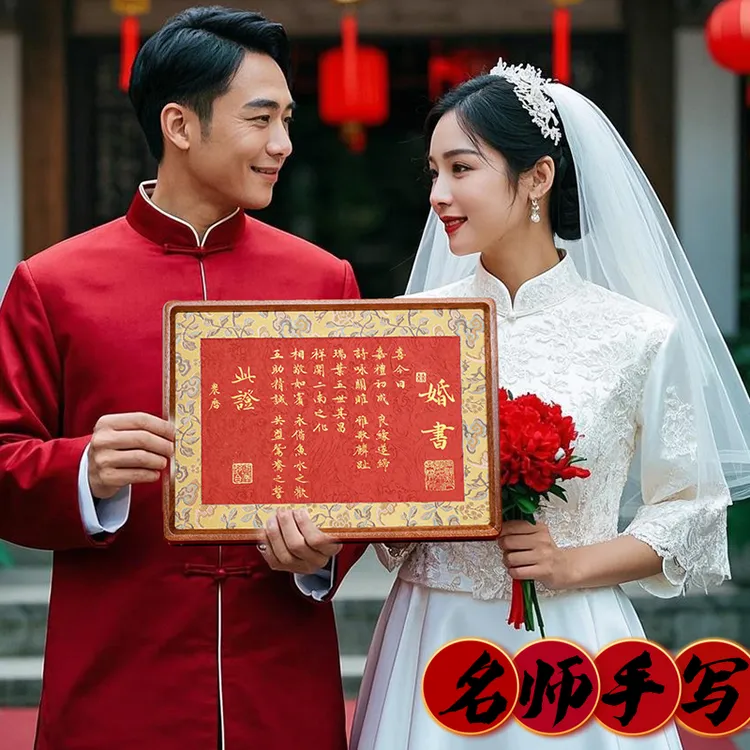 字鹊【福禄】手写婚书画框订婚书胡桃木实木相框送日子定制中国风