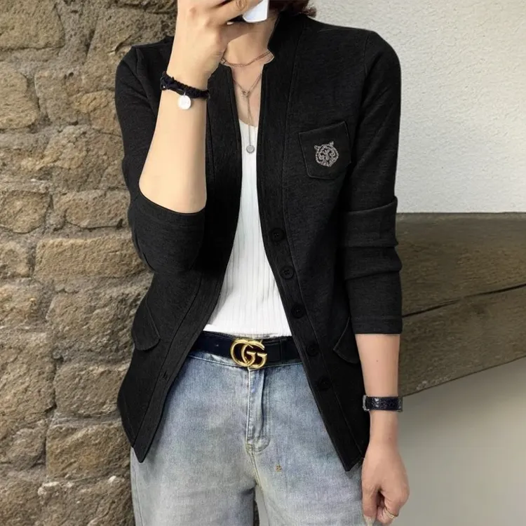 【经典百搭款】“黑/灰色开衫气质女外套” 早秋气质时尚显瘦刺绣立领