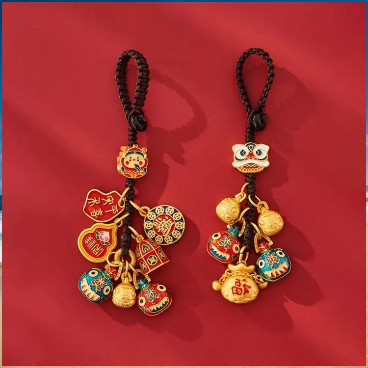 财神爷一家三口四口吞金兽钥匙扣镀金色古法金挂饰汽车钥匙链挂件
