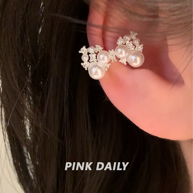 合金仿珍珠耳饰 Pink Daily满钻蝴蝶结珍珠耳骨夹气质无耳洞耳饰