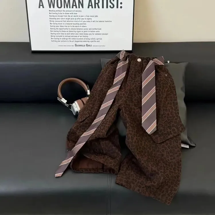 女童豹纹休闲裤春秋新款儿童阔腿裤韩版洋气时髦直筒裤潮