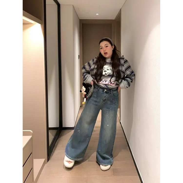 慧芝huizhi D-0002不规则烫钻植绒牛仔裤 定制款 复古阔腿牛仔裤