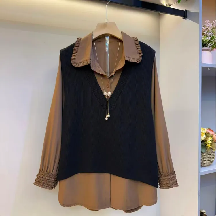 新款大码女装时尚洋气木耳花边衬衫马甲两件套套装