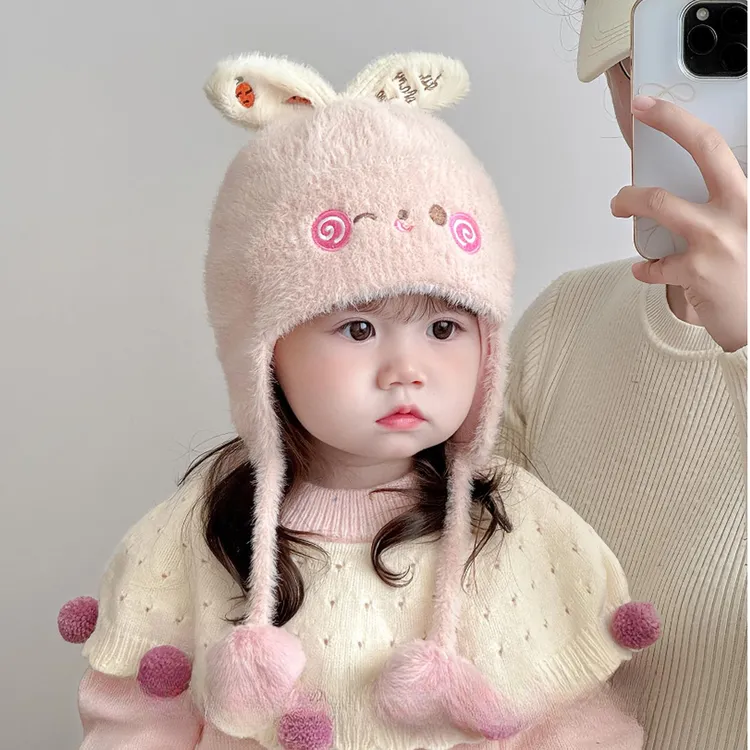宝宝帽子秋冬季毛绒帽可爱超萌卡通女童护耳帽加厚保暖儿童针织帽