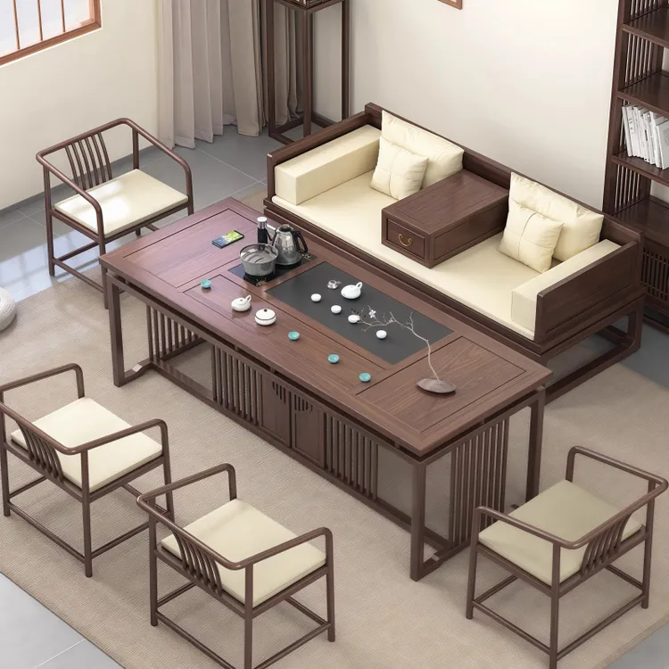 黑胡桃木罗汉床茶桌椅组合一体家用办公茶台实木茶道新中式喝茶几