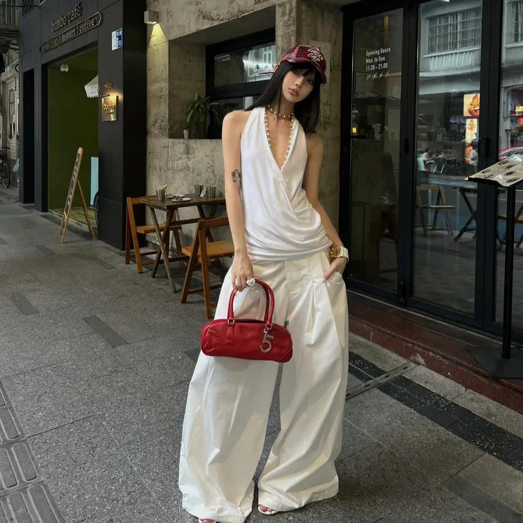 法式白色挂脖吊带女夏季交叉深v领无袖背心修身显瘦辣妹露背上衣