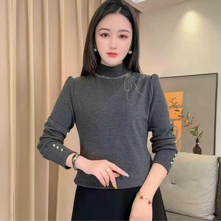 【阿芝专属】89151蝴蝶结烫钻弹力气质长袖T恤时尚修身冬打底衫女