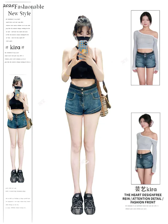 牛仔短裤2025新款夏季薄款双腰头撞色高腰显瘦辣妹穿搭提臀休闲裤