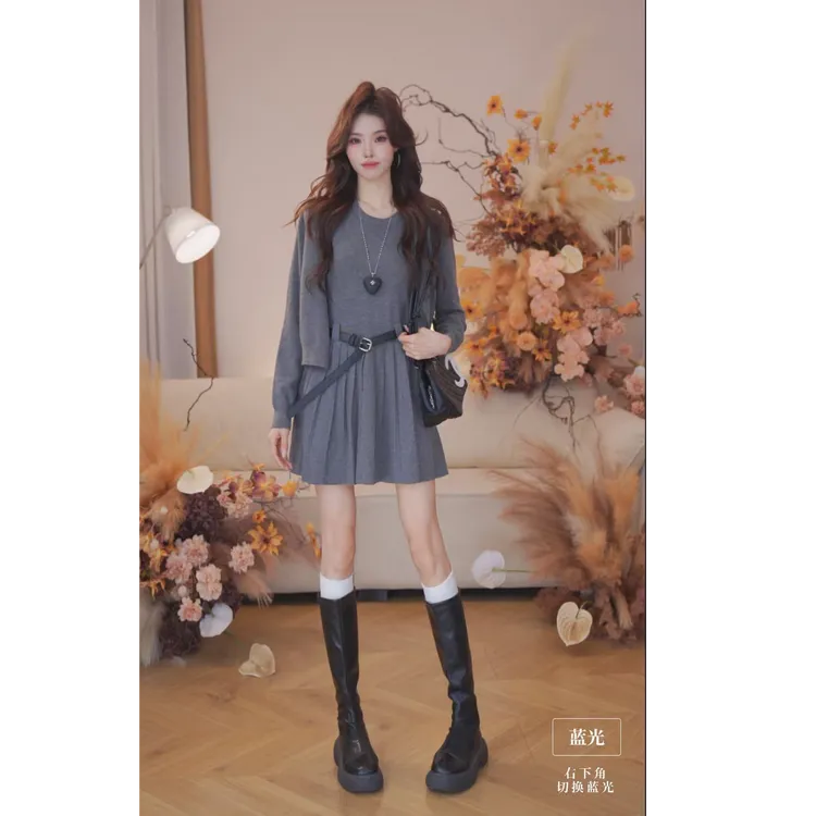 曾小咸 韩系休闲背心百褶裙+针织开衫配腰带三件套ZA548SR1277