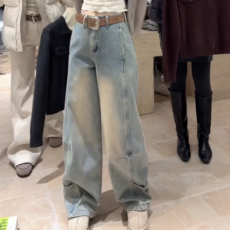 秋冬显瘦百搭时尚阔腿裤子加绒复古水洗做旧牛仔裤LK2508672-1