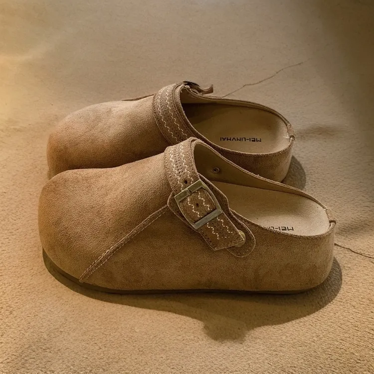 FOMH牛皮版香港厚底内增高两穿勃肯鞋新款外穿复古包头半拖鞋