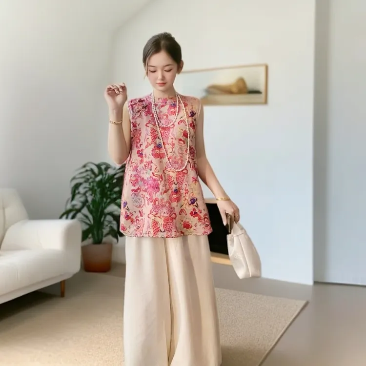 QQ【锦鲤套装】新中式提花无袖中长款上衣+阔腿裤夏季清凉感两件套