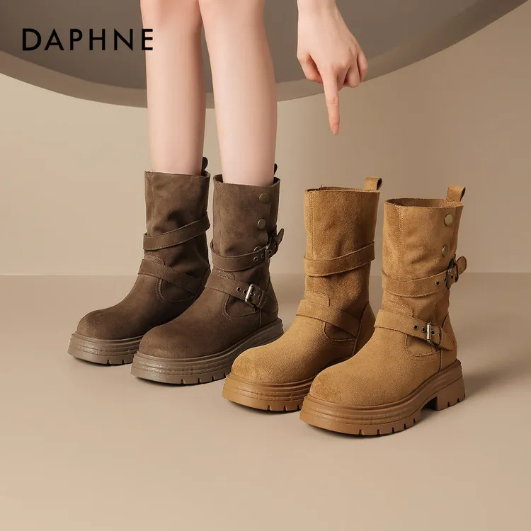 达芙妮【宋茜代言】欧美风复古港风圆头防滑粗跟时装厚底沙丘废土风