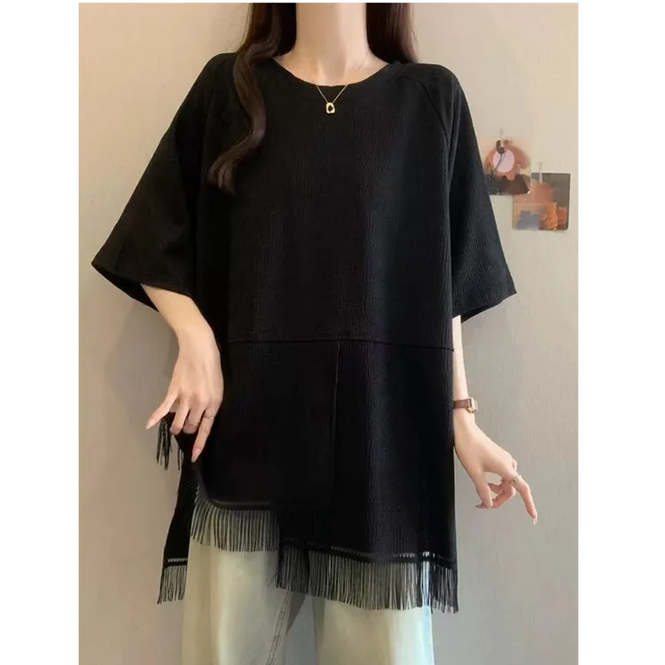 广州十三行 中长款圆领短袖流苏休闲风T恤百搭洋气痞帅朋克风