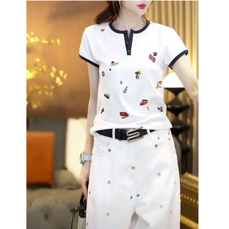 『趣味涂鸦』2025夏季短款宽松圆领显瘦卡通撞色小v领印花短袖T恤女