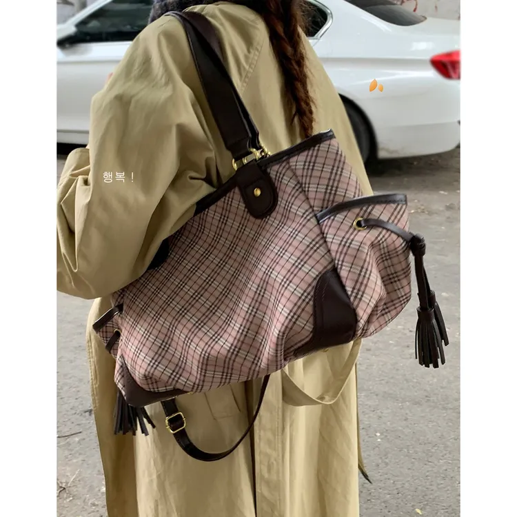 中古格子包包女款爆款2025新款时尚美拉德复古托特包大容量单肩包