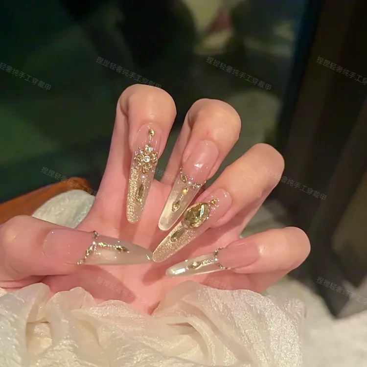 【金风玉露】纯手工穿戴甲香槟色贵气御姐千金感猫眼镶钻捏捏穿戴甲