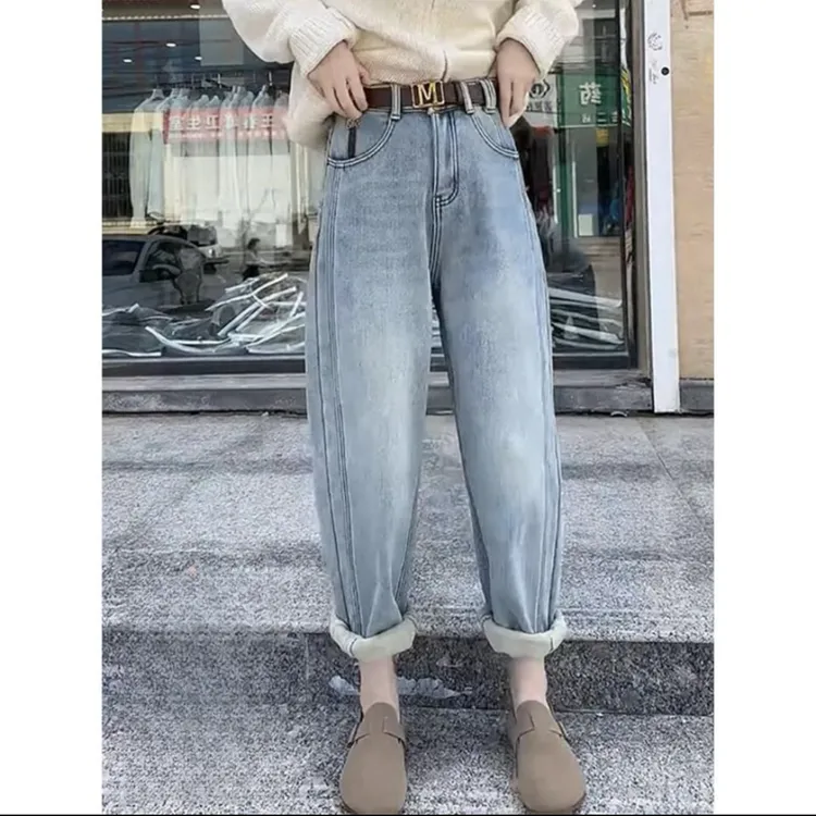 秋冬大码新款百搭高腰宽松显瘦牛仔裤复古小个子阔腿裤慵懒风裤子