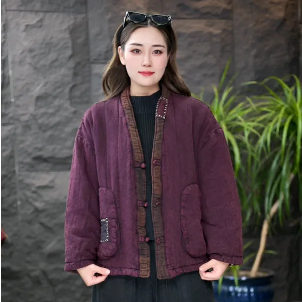 【炒色棉服】V字领纯色落肩袖常规袖棉衣棉服女装保暖外套中国风