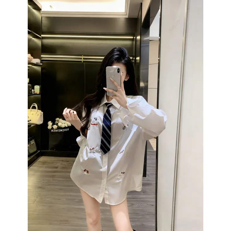 美式复古趣味小狗刺绣长袖衬衫女2025秋季新款闲百搭学院风衬衣潮