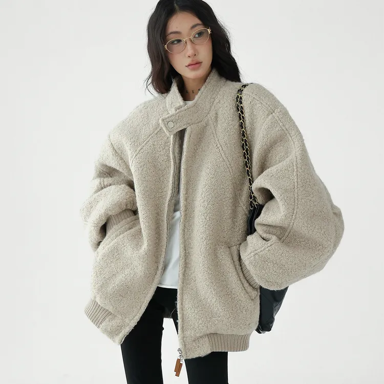 高级感夹棉立领圈圈绒毛茸茸外套美式复古宽松廓形棉服