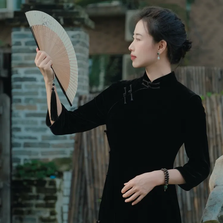 【锦罗坊】100%桑蚕丝丝绒古法旗袍显瘦气质长款修身旗袍裙