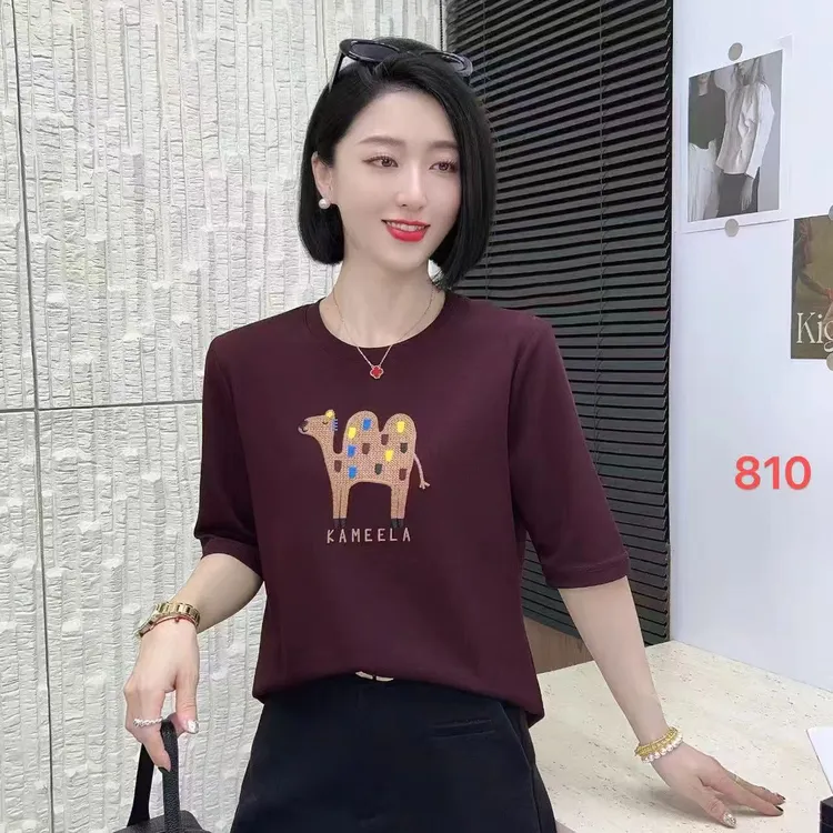 810时尚气质常规款宽松中袖T恤女圆领夏日老钱风松弛感女装贵气