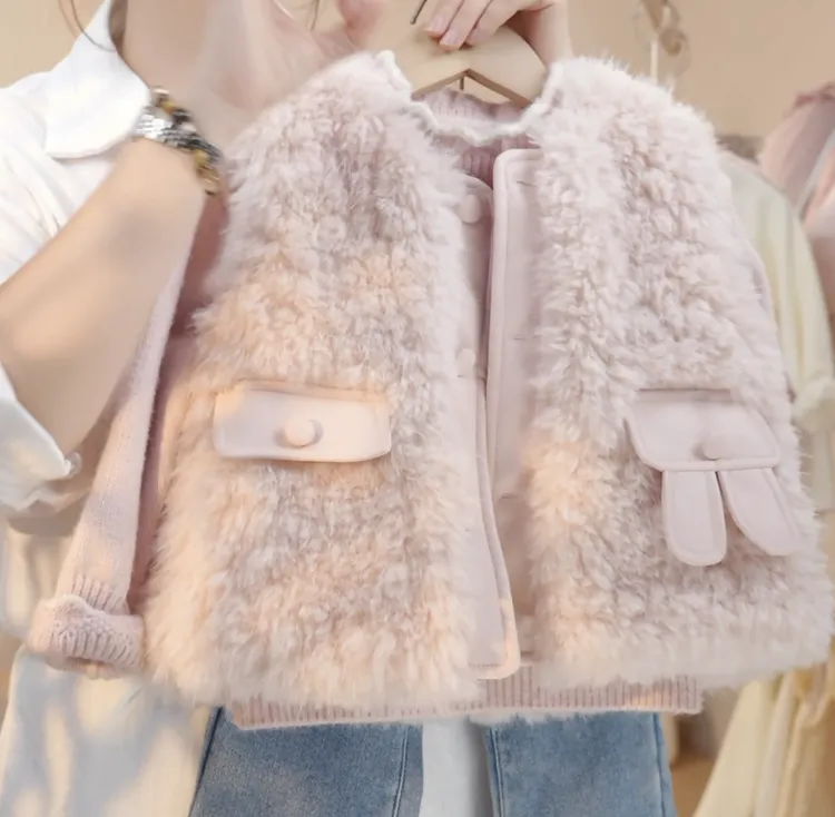 女童冬季儿童新款时尚爆款百搭加厚保暖兔耳朵毛毛衣韩版夹棉马甲