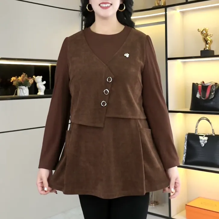 苏兰诺大码女装宽松显瘦假两件法式衬衫中老年妈妈气质显瘦ZB6341