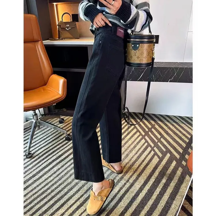 黑色九分直筒牛仔裤女秋季新款大码胖mm高腰弹力显瘦小个子阔腿裤