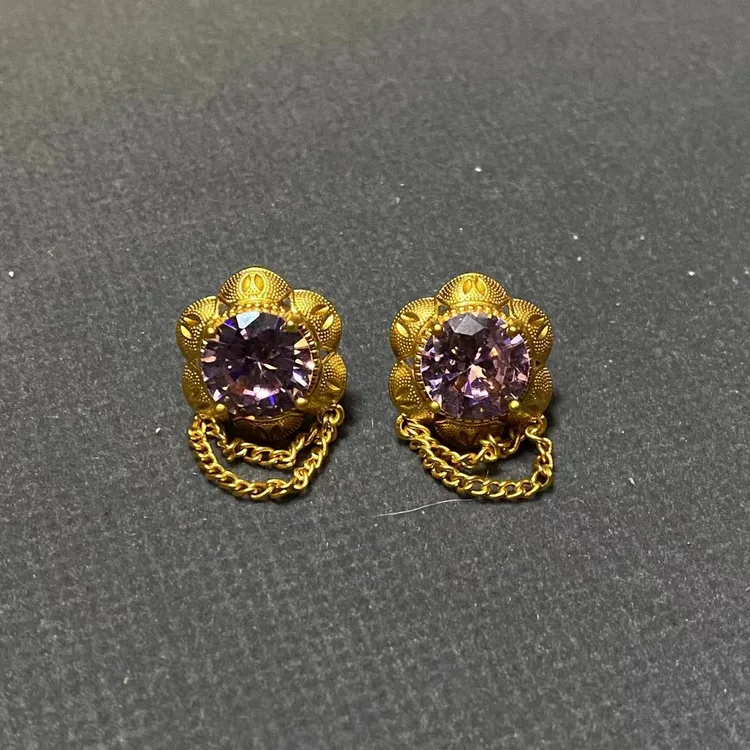 黄铜耳饰 H377 铜镀金耳钉 民族风 紫色圆花形小链子简约百搭经典