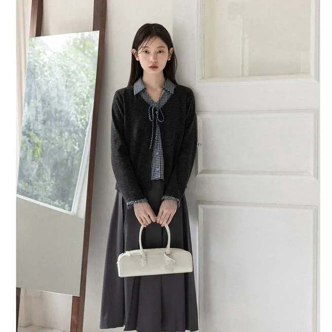 羊城故事-秋冬假两件撞色灰色长袖T恤女冬格纹拼接设计感打底衫