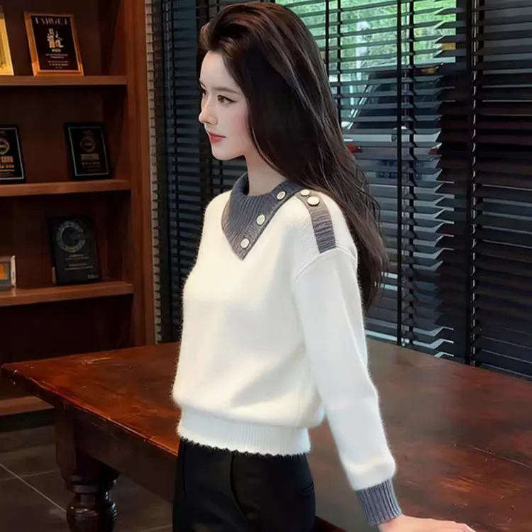 369冬季新款老钱风拼色翻领针织衫毛衣高级感休闲气质长袖上衣潮