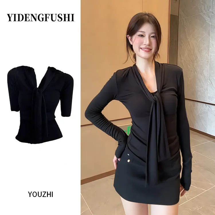 秋季新款千金清冷感贵系衣服性感气质黑色长袖飘带V领上衣修身