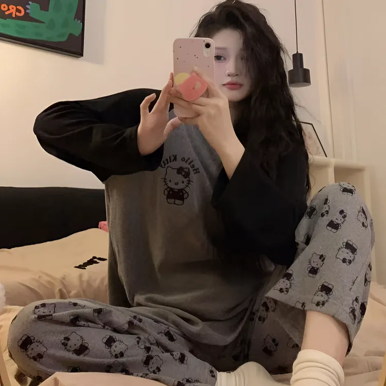 德绒加厚胖MM大码睡衣女套装休闲KT猫印花加肥保暖弹力宽松家居服